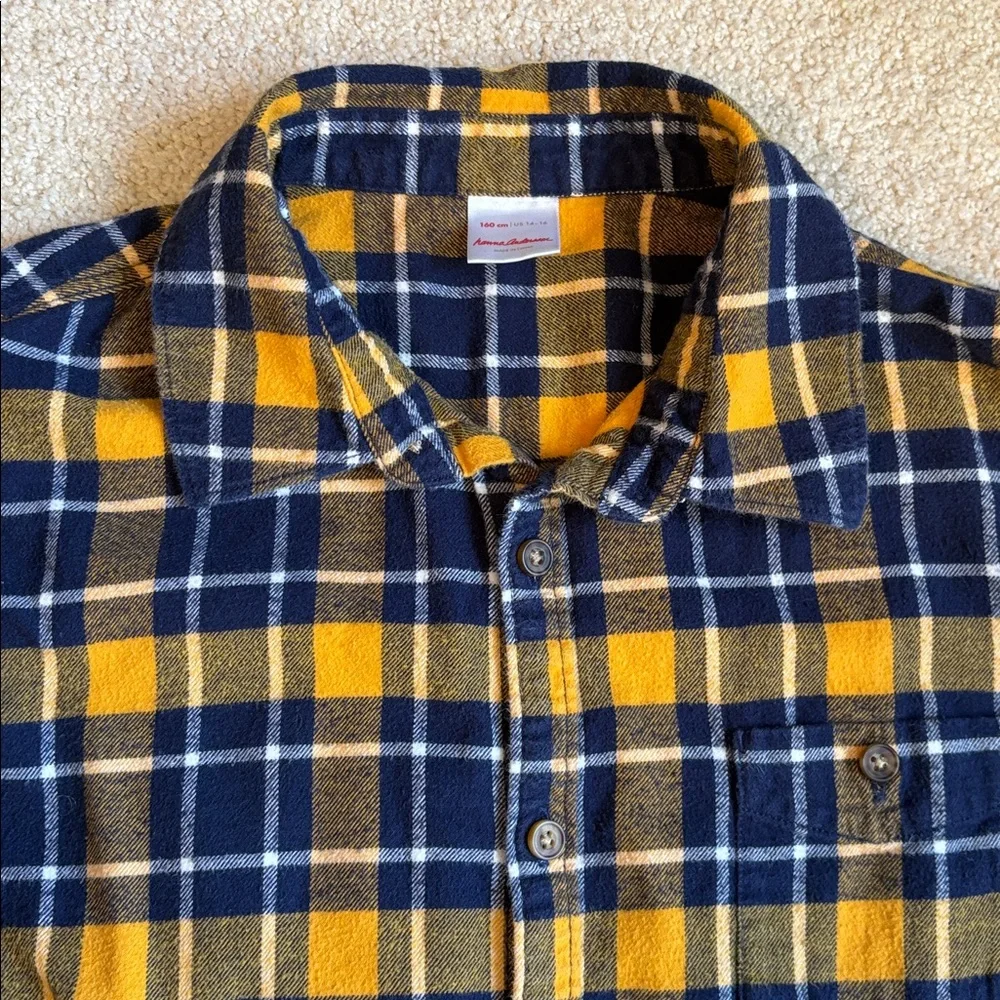 Hanna Andersson Yellow Blue Plaid Button Down Flannel Shirt size Boys US 14-16 - Picture 3 of 7